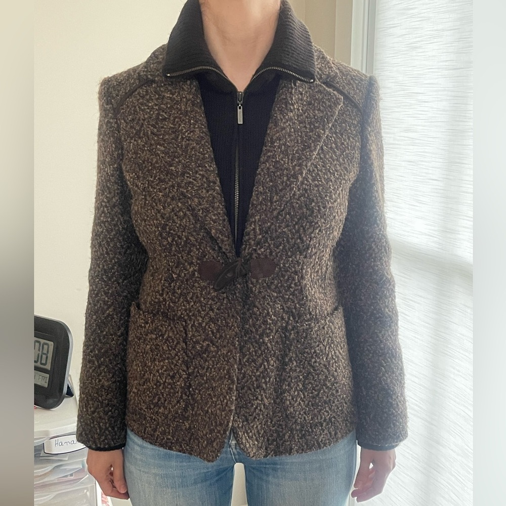 Cole Haan Women Brown Tweed Wool Cashmere Mohair Jacket Goat Suede Trim Size 8